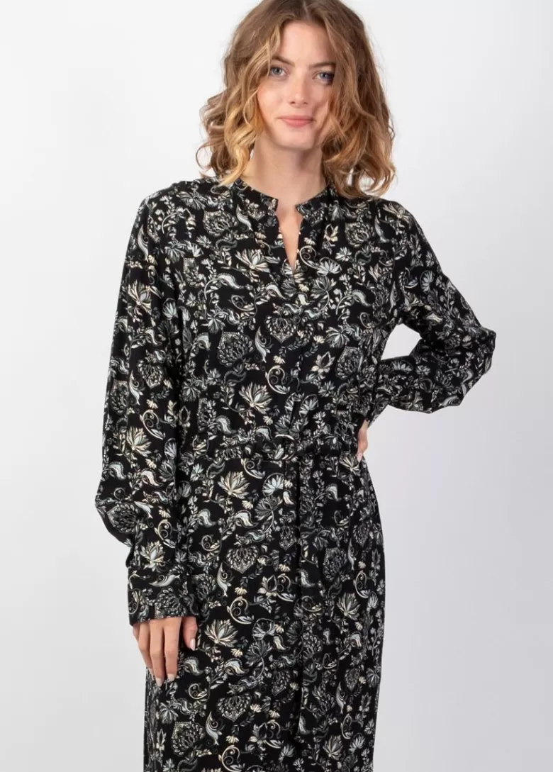 Robes*Coton Du Monde Robe longue chemise hiver motif ethnique LINA noir Orient