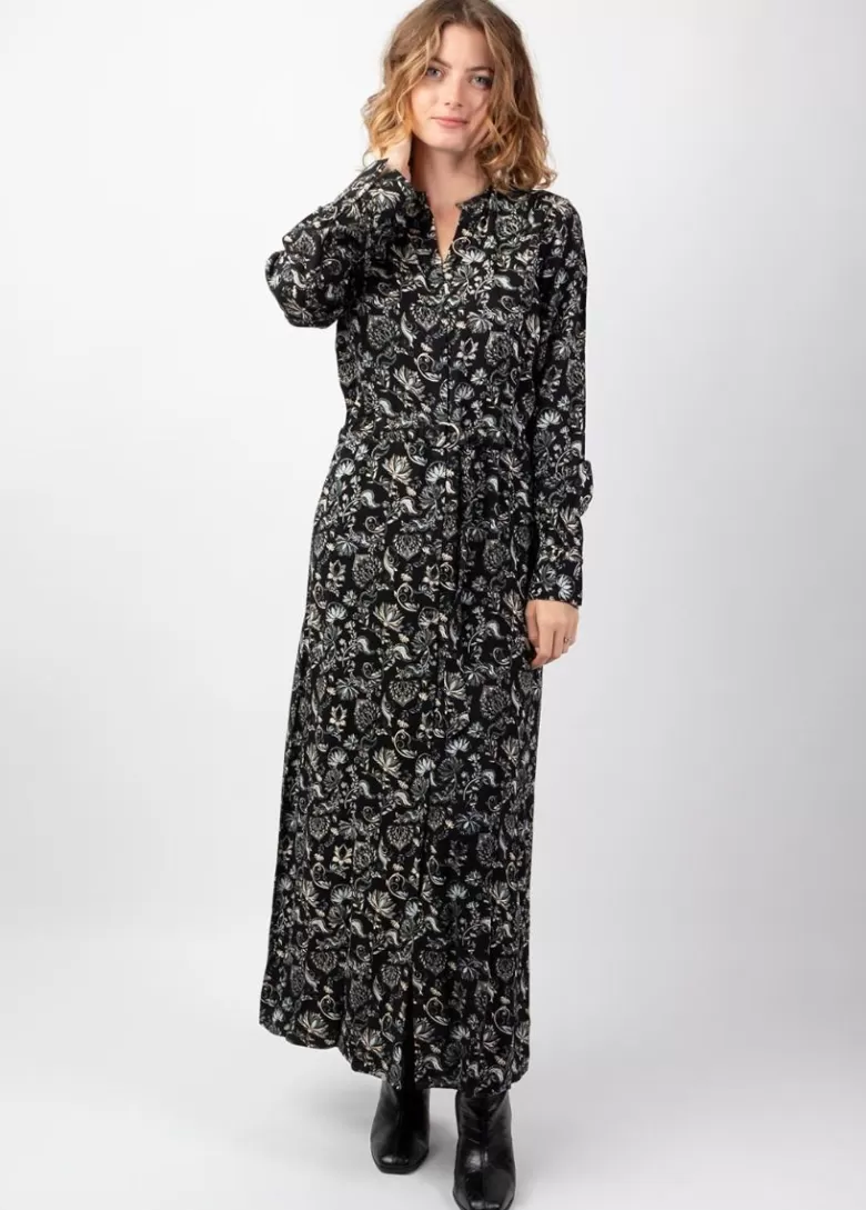 Robes*Coton Du Monde Robe longue chemise hiver motif ethnique LINA noir Orient