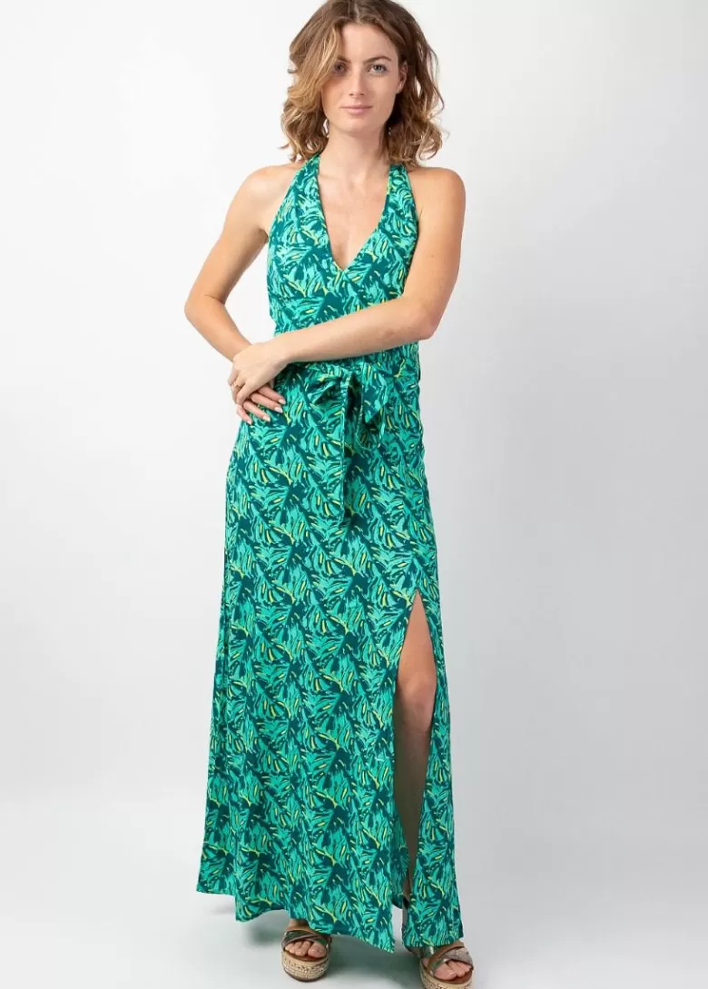 Robes*Coton Du Monde Robe longue femme été dos nu SORAYA imprimé tropical vert Gaia