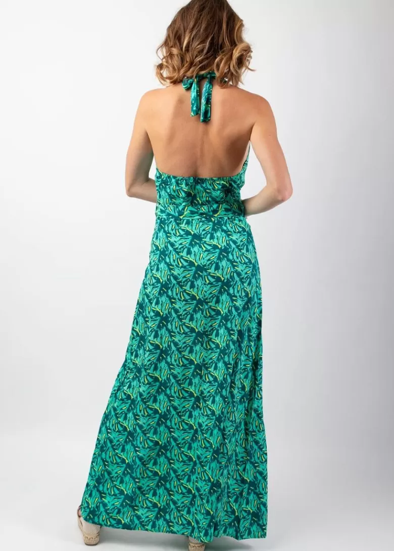 Robes*Coton Du Monde Robe longue femme été dos nu SORAYA imprimé tropical vert Gaia