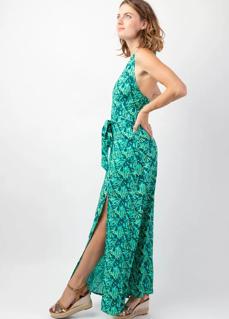 Robes*Coton Du Monde Robe longue femme été dos nu SORAYA imprimé tropical vert Gaia