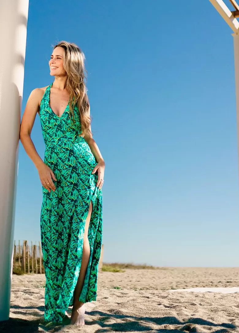 Robes*Coton Du Monde Robe longue femme été dos nu SORAYA imprimé tropical vert Gaia