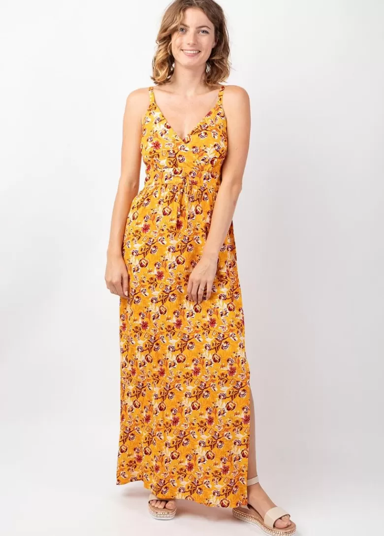 Robes*Coton Du Monde Robe longue femme été fluide GLORIA imprimé fleurs sur fond jaune Joy