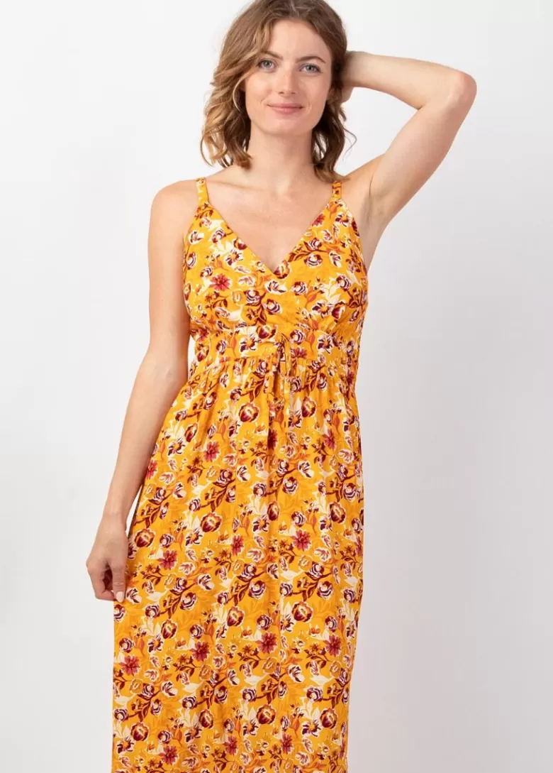 Robes*Coton Du Monde Robe longue femme été fluide GLORIA imprimé fleurs sur fond jaune Joy