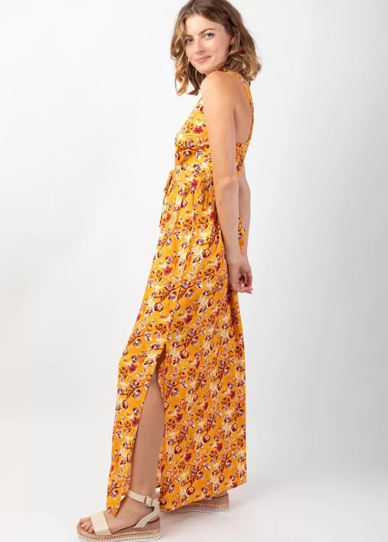 Robes*Coton Du Monde Robe longue femme été fluide GLORIA imprimé fleurs sur fond jaune Joy