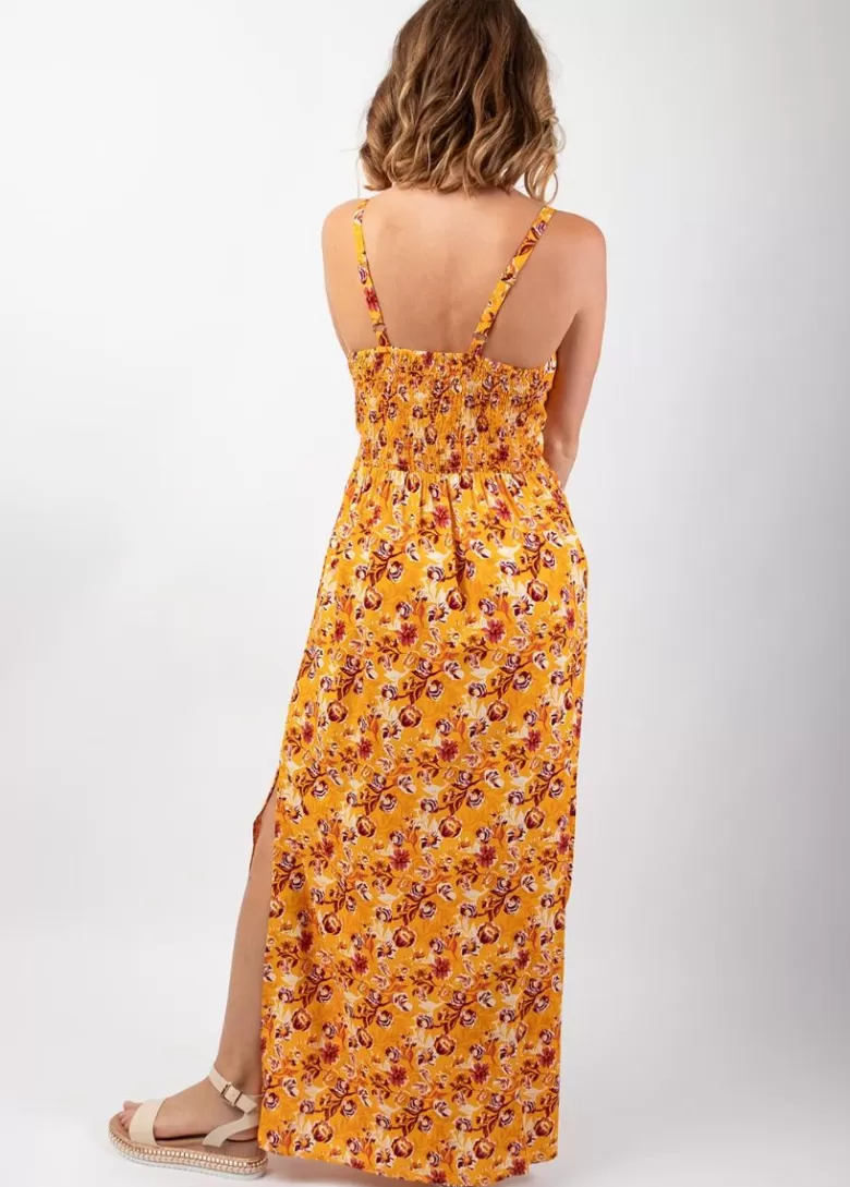 Robes*Coton Du Monde Robe longue femme été fluide GLORIA imprimé fleurs sur fond jaune Joy