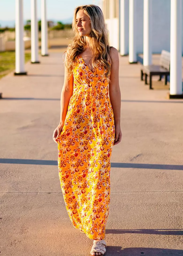 Robes*Coton Du Monde Robe longue femme été fluide GLORIA imprimé fleurs sur fond jaune Joy