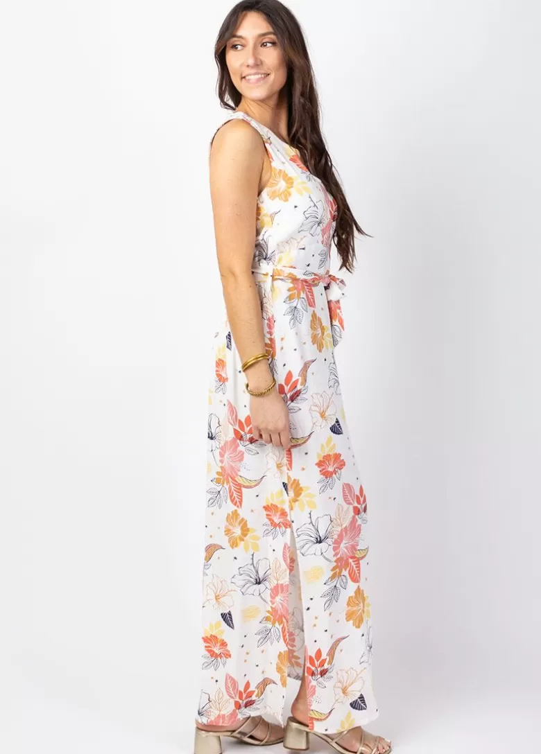 Robes*Coton Du Monde Robe longue fendue chic MELINDA cache-cœur imprimé floral blanc Althea