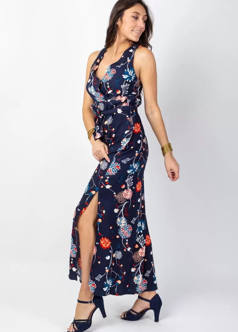 Robes*Coton Du Monde Robe longue fendue chic MELINDA cache-cœur imprimé floral bleu Pollen