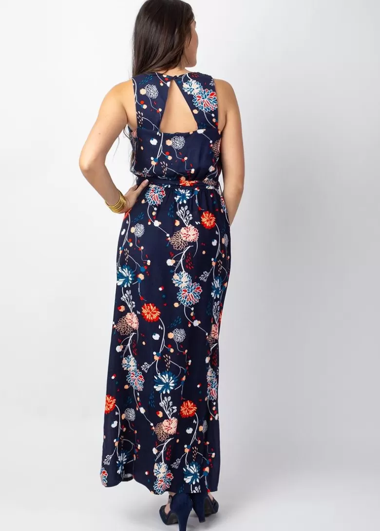 Robes*Coton Du Monde Robe longue fendue chic MELINDA cache-cœur imprimé floral bleu Pollen