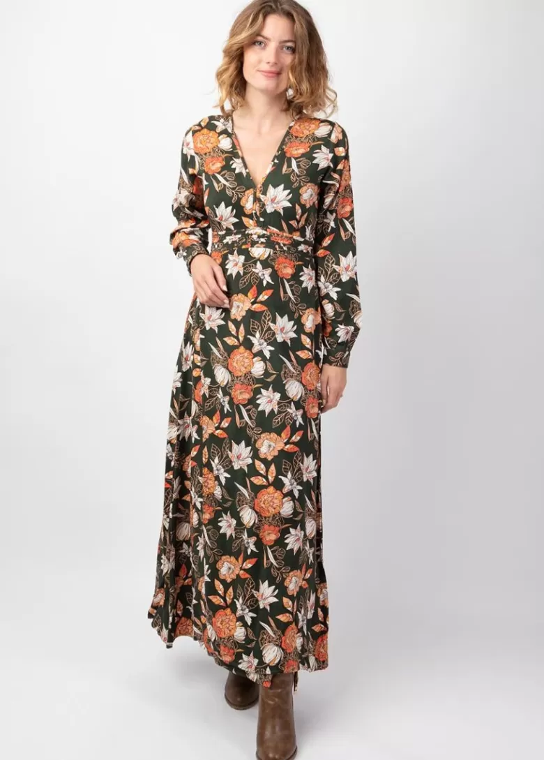 Robes*Coton Du Monde Robe longue fendue en viscose soyeux hiver CALISSA motif floral kaki Arty