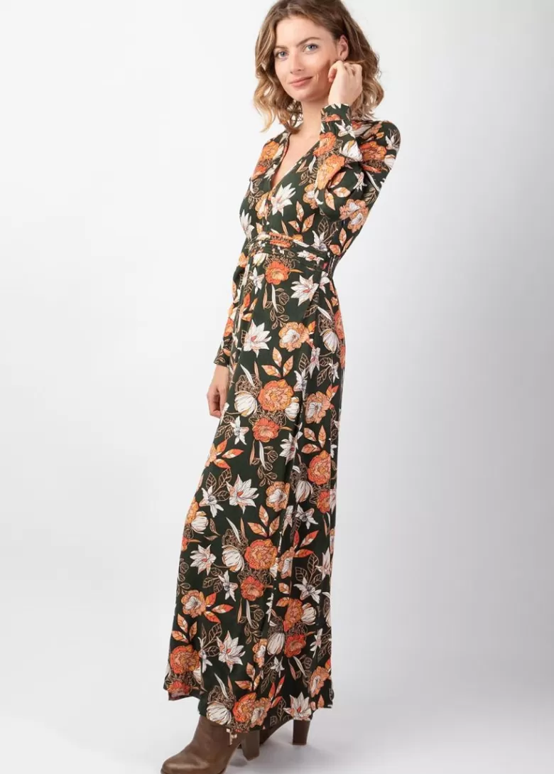 Robes*Coton Du Monde Robe longue fendue en viscose soyeux hiver CALISSA motif floral kaki Arty