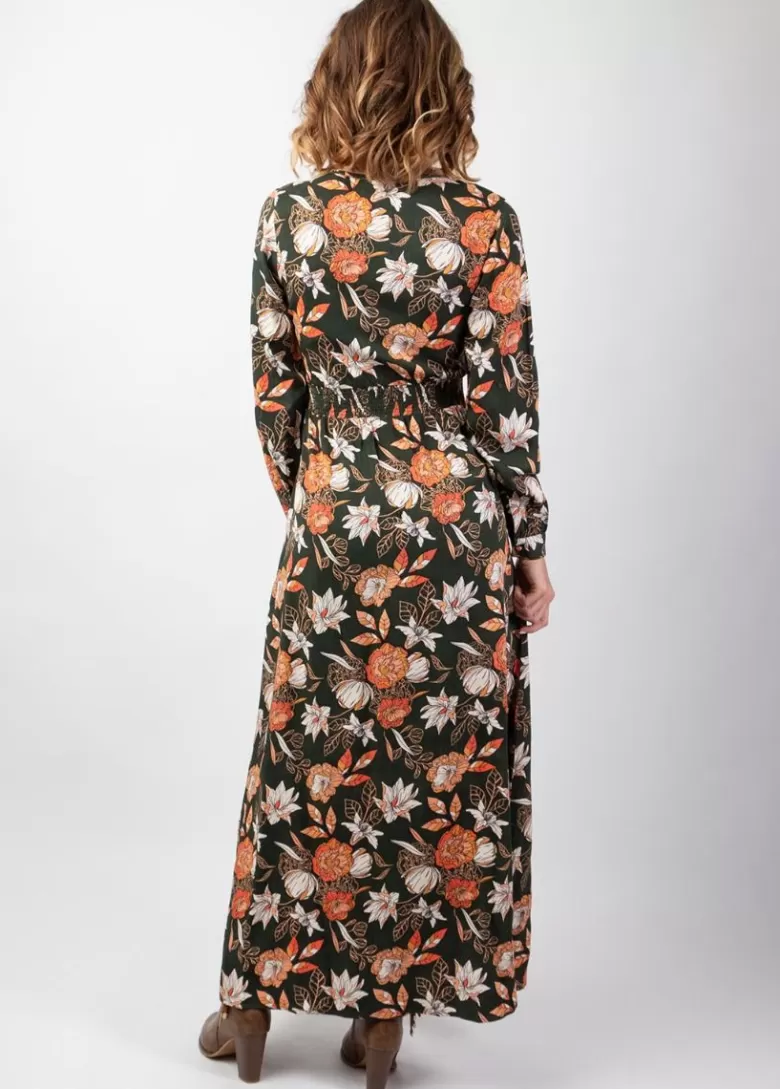 Robes*Coton Du Monde Robe longue fendue en viscose soyeux hiver CALISSA motif floral kaki Arty
