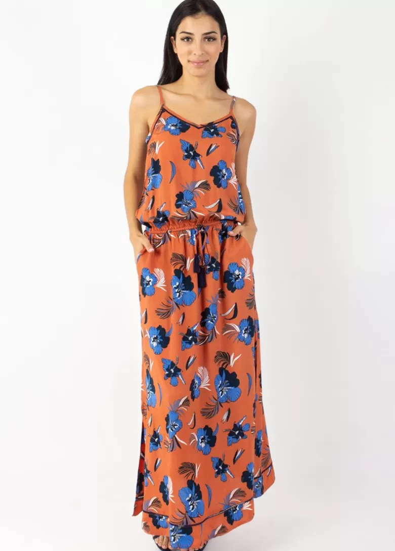 Robes*Coton Du Monde Robe longue fendue fines bretelles ALBA imprimé fleurs d' Hibiscus