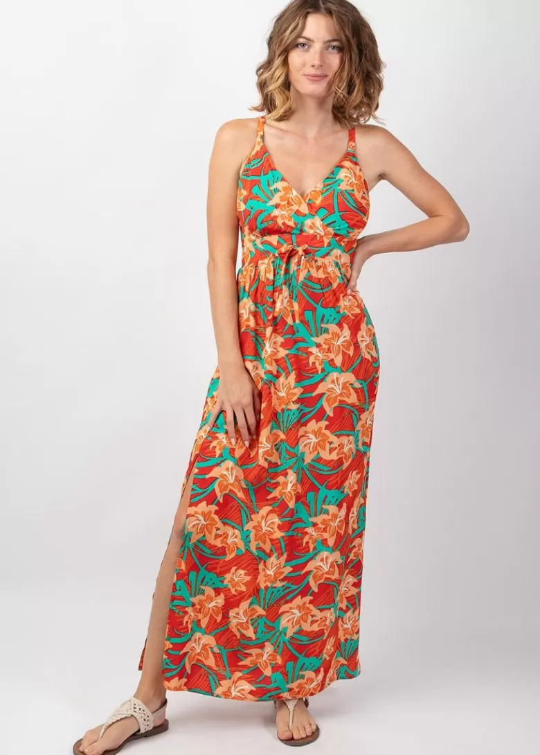 Robes*Coton Du Monde Robe longue fendue GLORIA fines bretelles motif fleuri tropical Summer