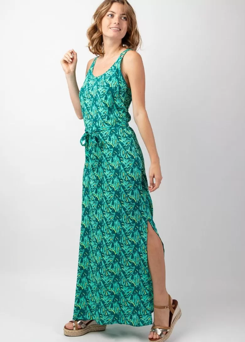 Robes*Coton Du Monde Robe longue fendue LAETITIA imprimé tropical vert Gaia