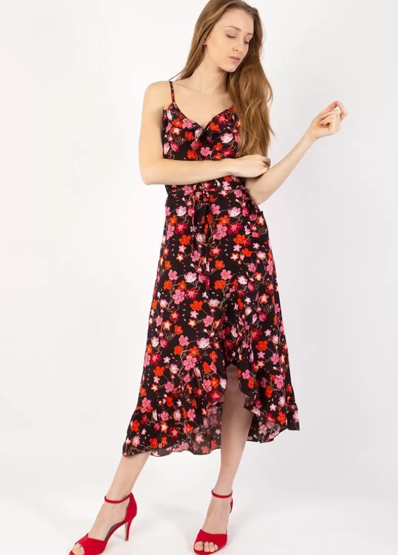 Robes*Coton Du Monde Robe longue fines bretelles SACHA imprimé fleurs de cerisiers noir Cherry Noir