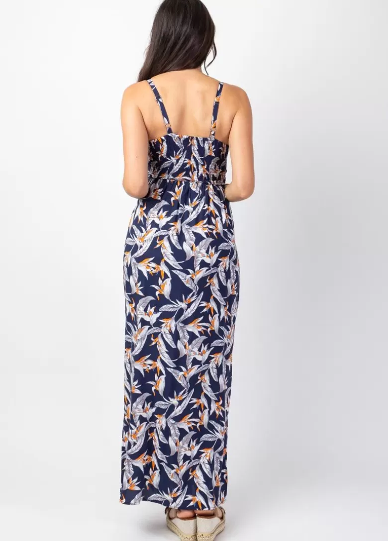 Robes*Coton Du Monde Robe longue fluide GLORIA fines bretelles imprimé fleurs de paradis 14 Marine