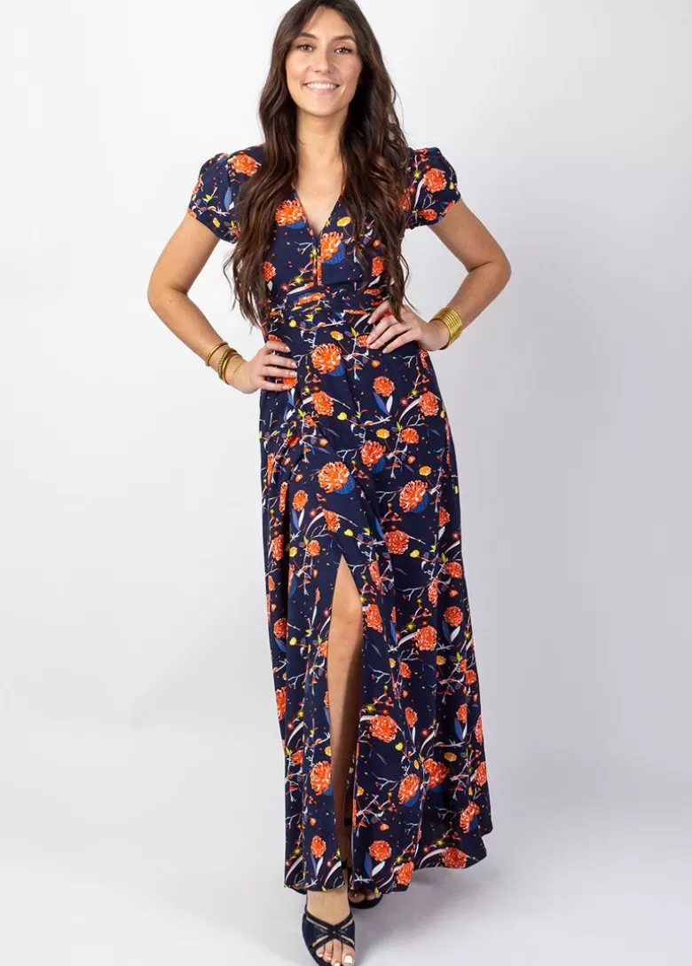 Robes*Coton Du Monde Robe longue fluide MARBELLA imprimé fleuri marine Hanami