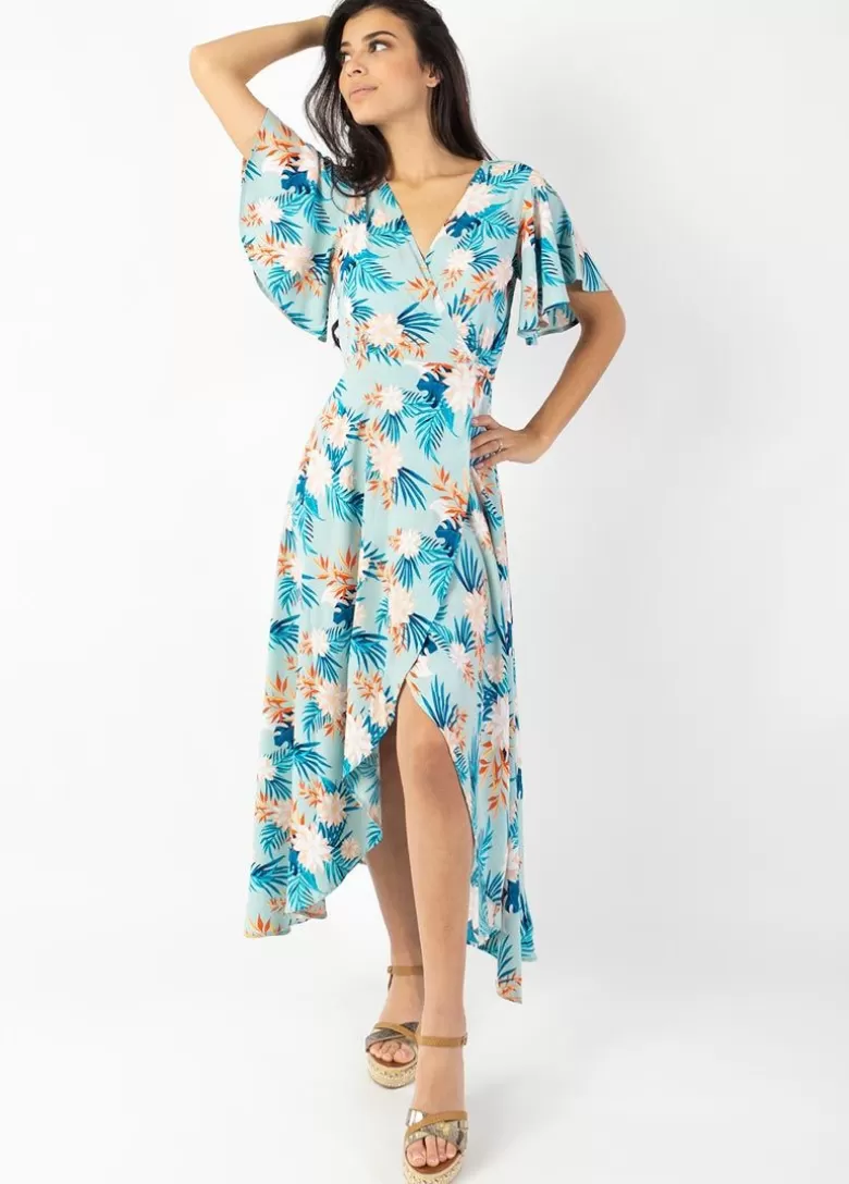 Robes*Coton Du Monde Robe longue fluide SAKURA imprimé fleurs exotiques Exotique Menthe