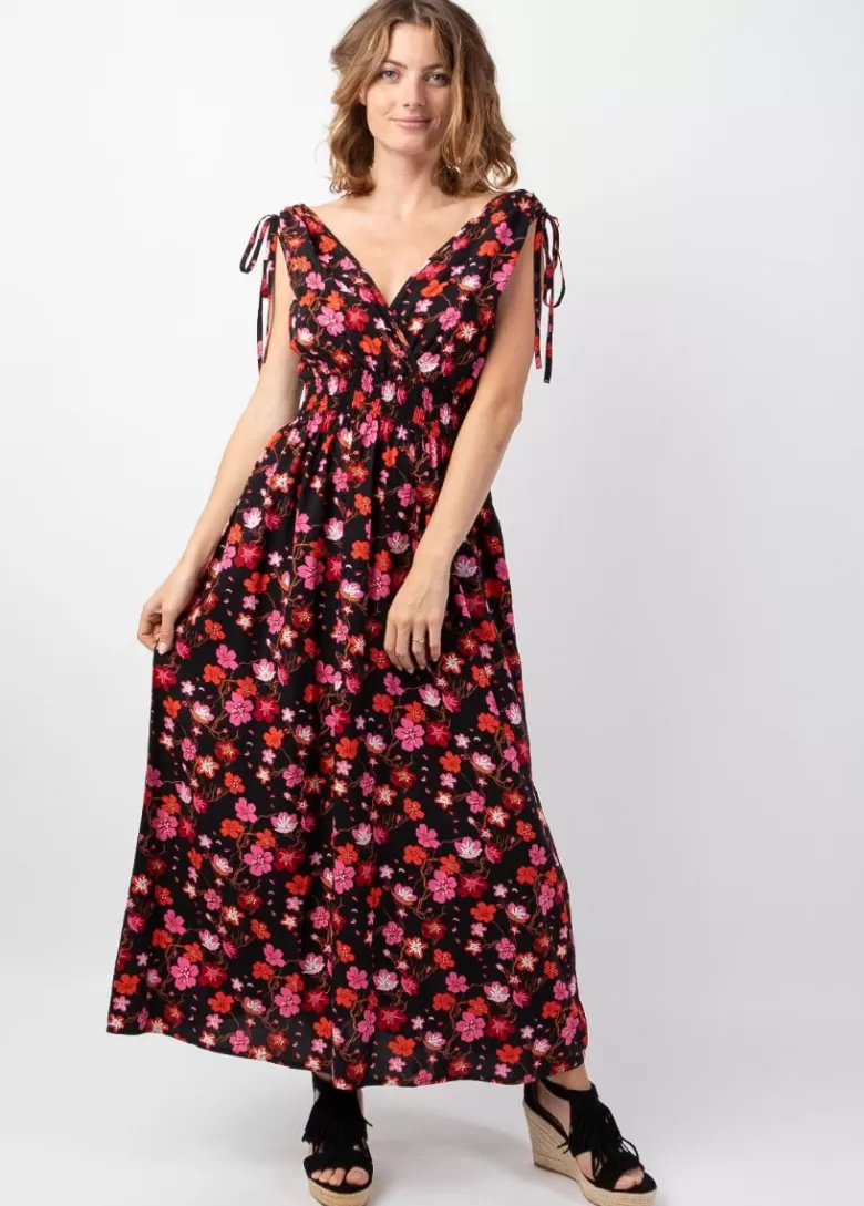 Robes*Coton Du Monde Robe longue larges bretelles TAMARA noire imprimé fleurs Cherry Noir