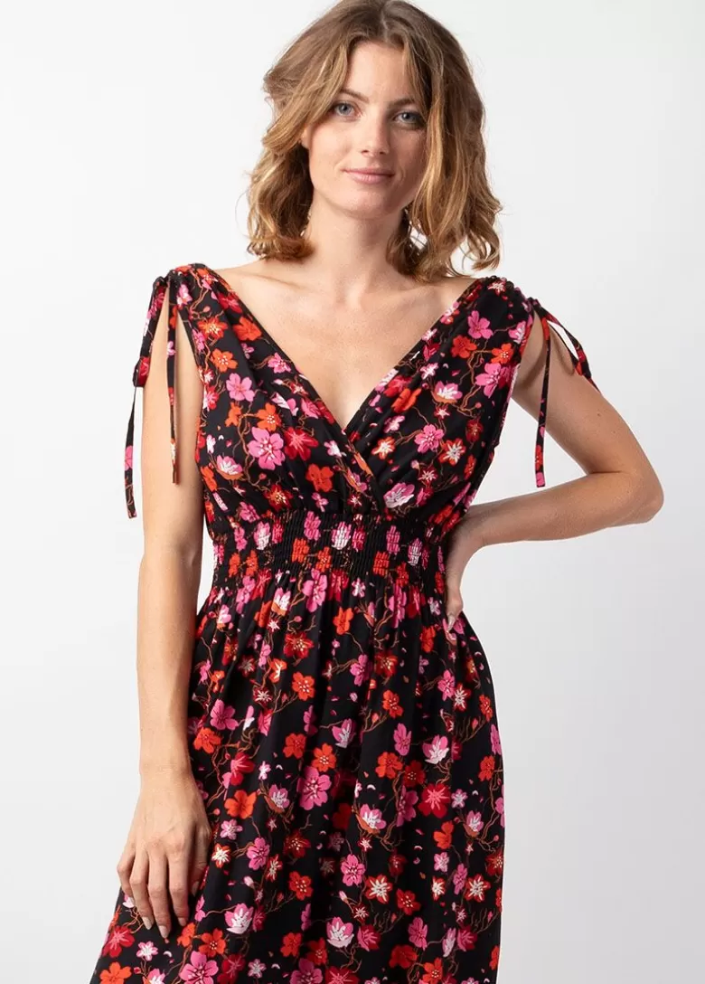 Robes*Coton Du Monde Robe longue larges bretelles TAMARA noire imprimé fleurs Cherry Noir