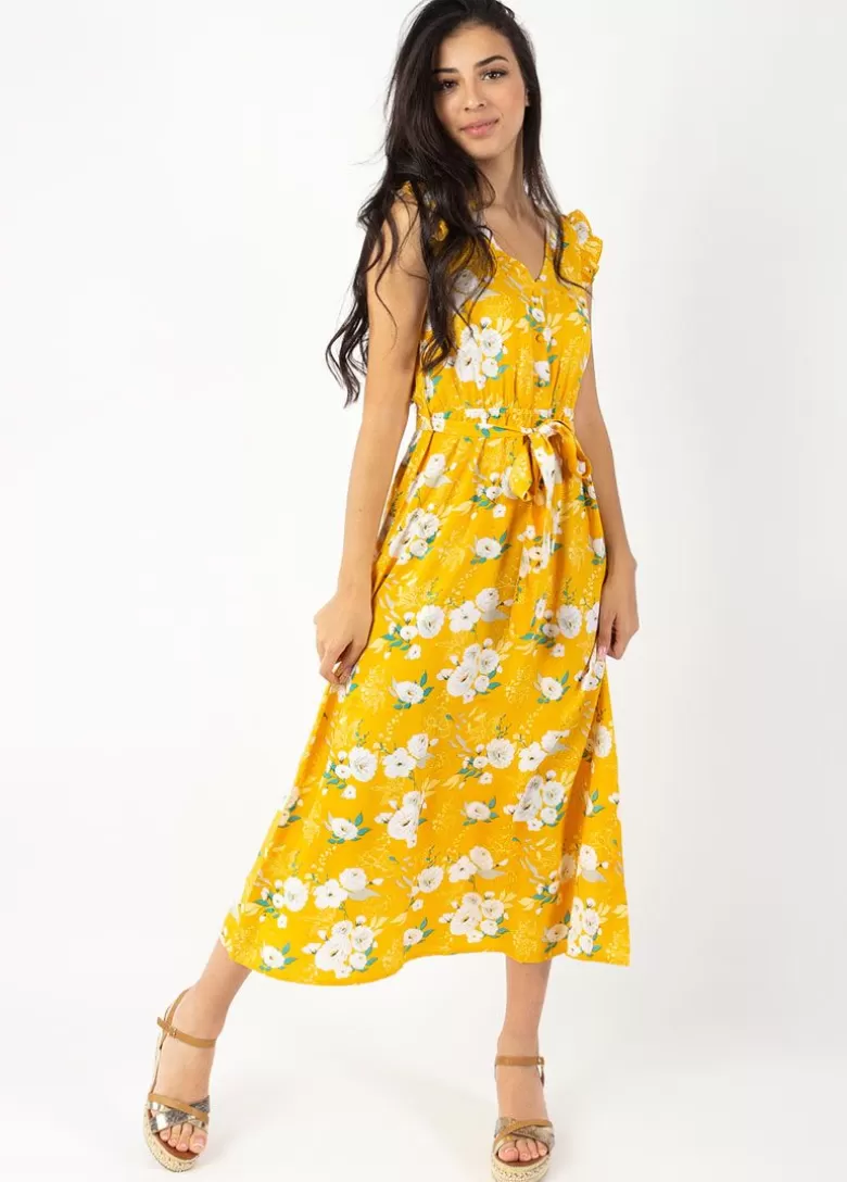 Robes*Coton Du Monde Robe longue manches volantées KAYLA fleurie jaune Bouquet Jaune