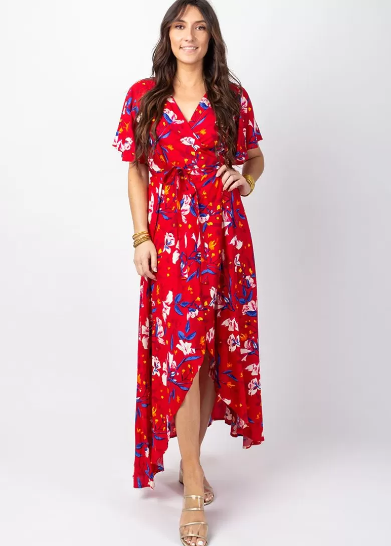 Robes*Coton Du Monde Robe longue SAKURA bohème imprimé fleuri rouge Pétale