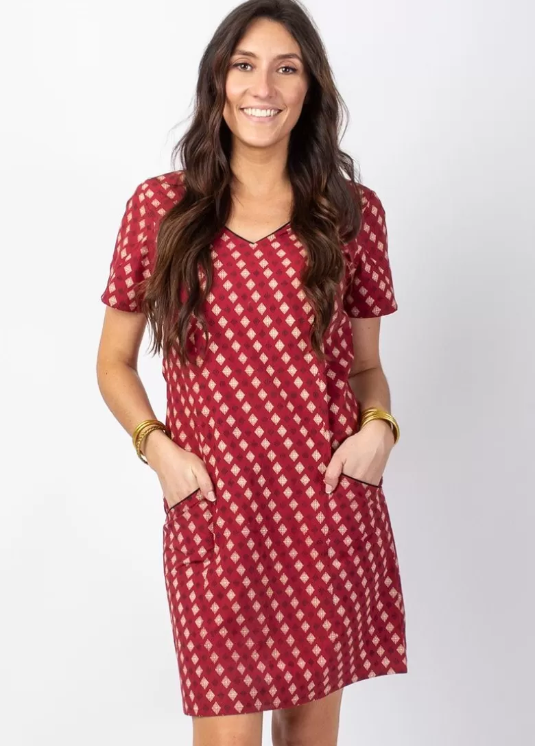 Robes*Coton Du Monde Robe manches courtes en coton CLAUDIA motifs ethniques bordeaux Medina