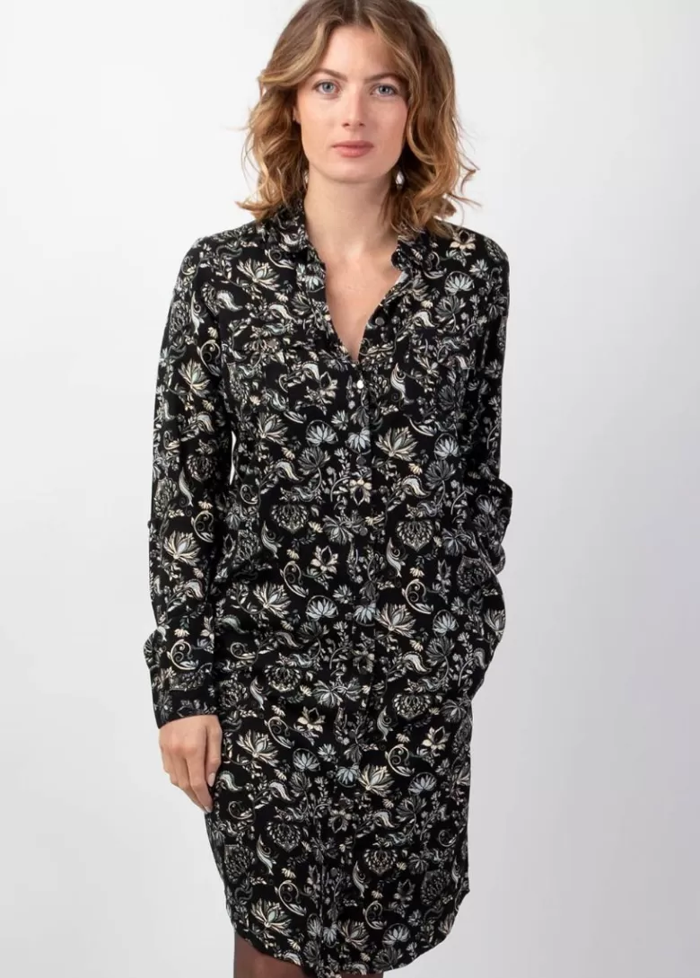 Robes*Coton Du Monde Robe midi hiver manches longues MACHA motif ethnique noir Orient