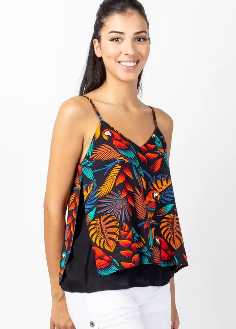 Tops*Coton Du Monde Top court fines bretelles VAHINE motif animalier Ara