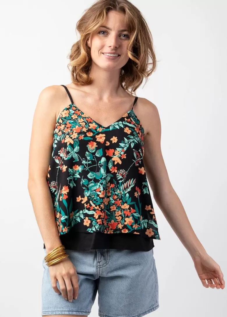 Tops*Coton Du Monde Top femme fines bretelles noir VAHINE motif floral Jaipur