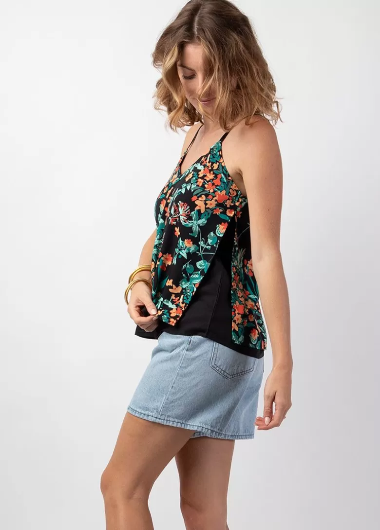 Tops*Coton Du Monde Top femme fines bretelles noir VAHINE motif floral Jaipur