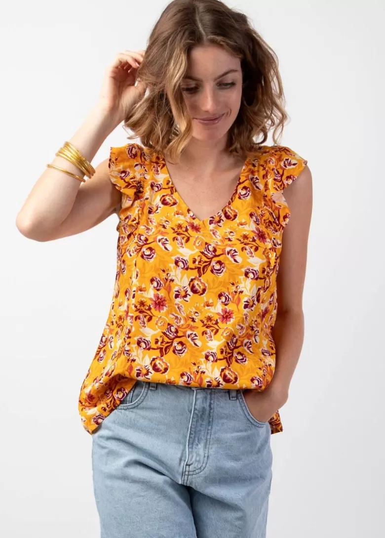 Tops*Coton Du Monde Top femme tendance à volants CHLOE motif fleuri coloré jaune Joy
