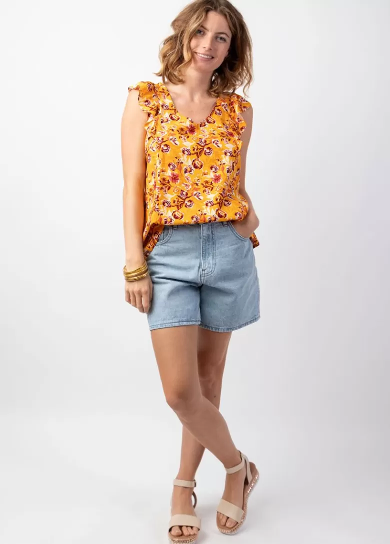 Tops*Coton Du Monde Top femme tendance à volants CHLOE motif fleuri coloré jaune Joy