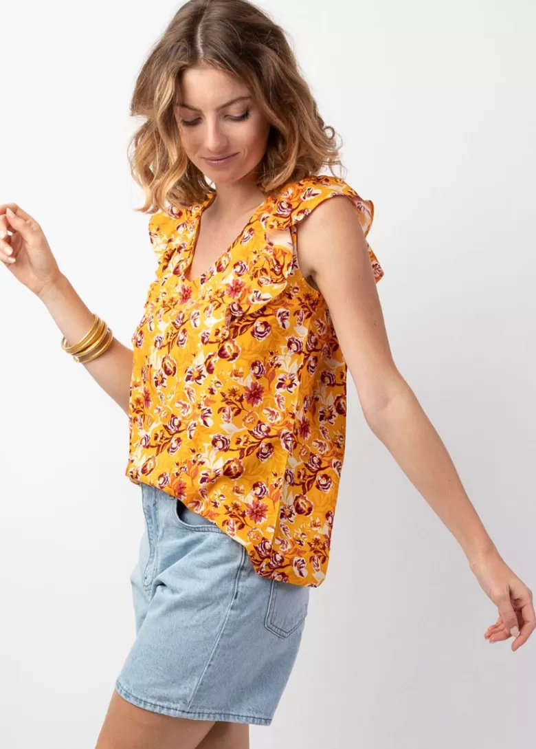 Tops*Coton Du Monde Top femme tendance à volants CHLOE motif fleuri coloré jaune Joy