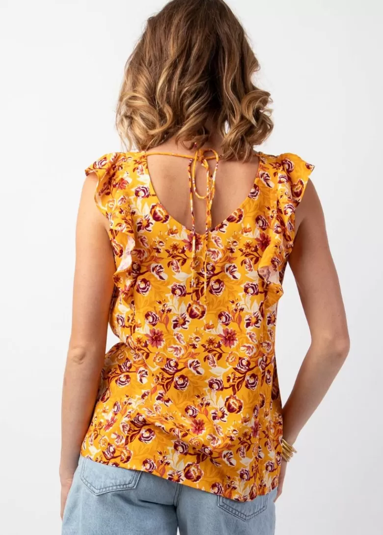 Tops*Coton Du Monde Top femme tendance à volants CHLOE motif fleuri coloré jaune Joy