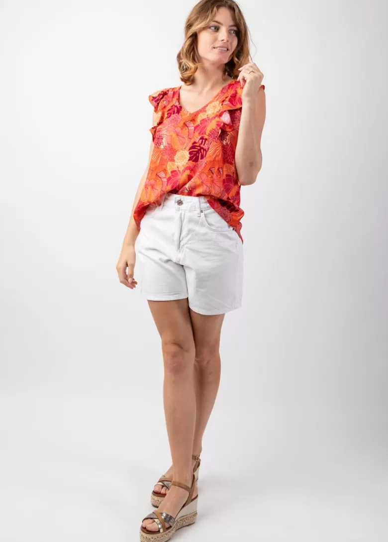 Tops*Coton Du Monde Top femme tendance sans manches à volants CHLOE imprimé estival Java