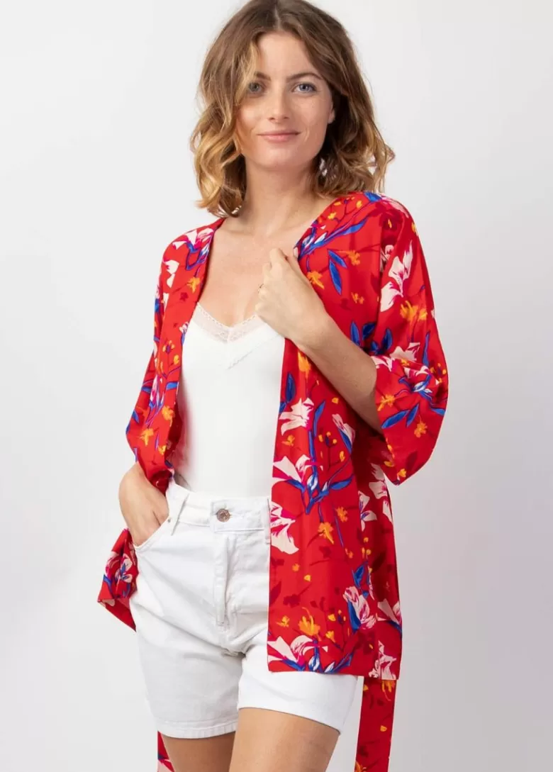 Manteaux | Vestes Et Gilets*Coton Du Monde Veste courte esprit kimono AYAKO motif fleuri rouge Pétale